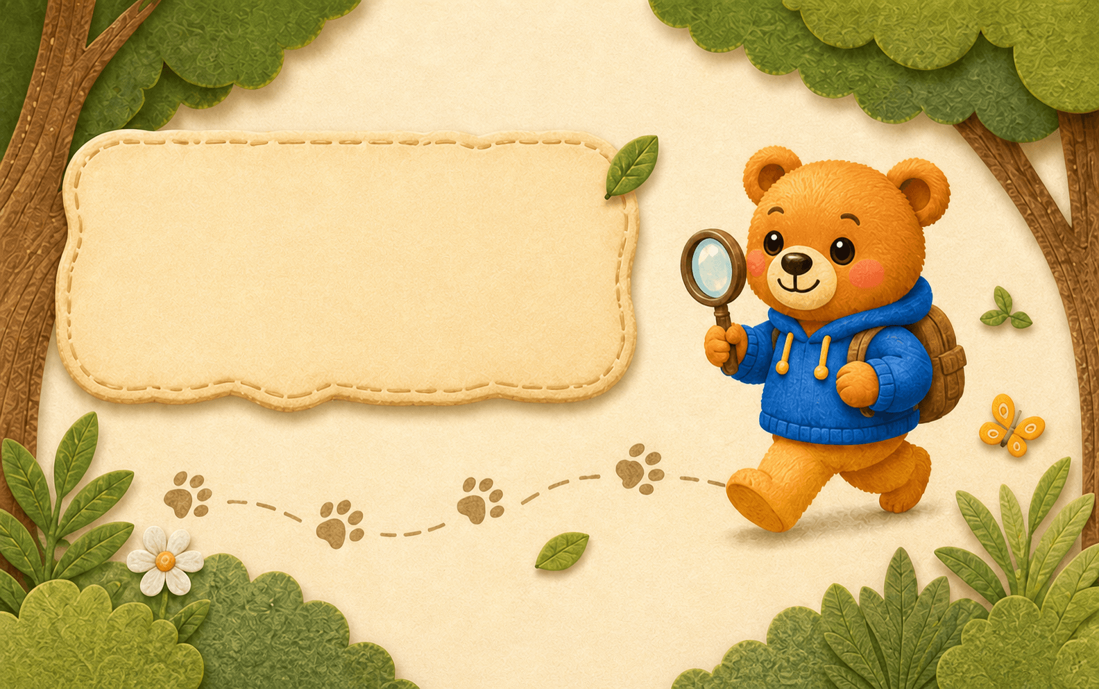 Lingo Bear following a trail through the forest